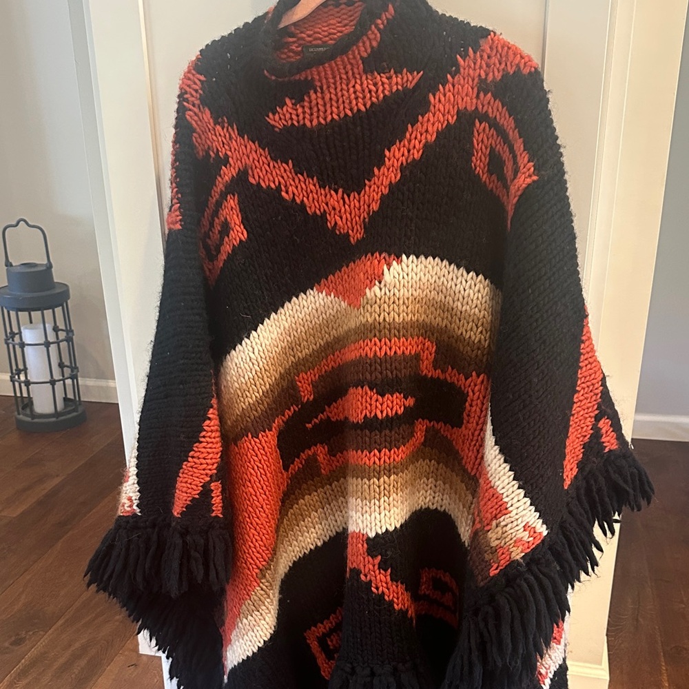 Ralph Lauren Vintage Hand Knitted Black and Orange Wool Poncho